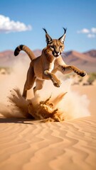 Caracal Leaping Through Sand in Desert Landscape with Mountains