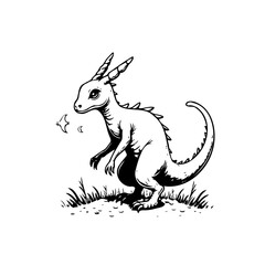 Whimsical horned creature illustration in black and white evokes fantasy tales within a minimalist