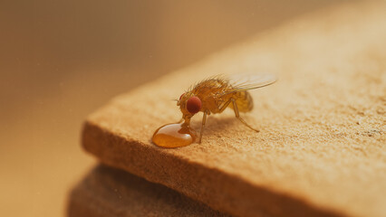 An intriguing close-up of a fruit fly, in a moment of serene indulgence, relishing a droplet of honey on the rough edge of a wooden surface, bathed in the warm sunlight.