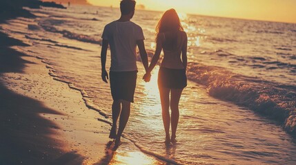 Loving couple walking on beach at sunset