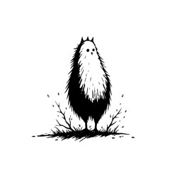 Whimsical monochrome creature amidst wild grass and scattered twigs creates an endearing and