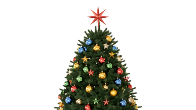 A beautifully decorated christmas tree with colorful ornaments and a glowing red star on top isolated on transparent background