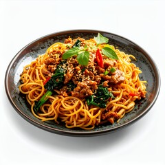Aromatic spaghetti dish adorned with savory meat and fresh greenery on a white backdrop