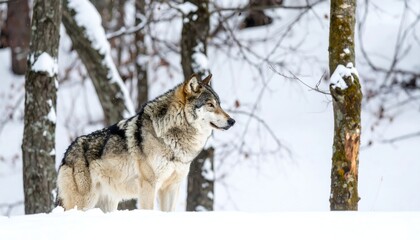 Gray wolf standing in snowy forest