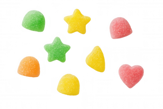 Colorful sugar jelly candies with star, heart and dome shapes on transparent background, sweet gummy dessert food