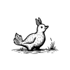 Whimsical sketch of a fictional bird with rabbit ears resting peacefully on grass creating a