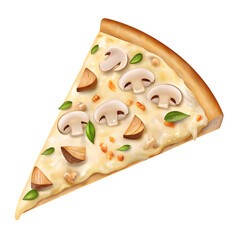 Appetizing slice of gourmet white pizza topped with sliced champignons, savory chicken pieces, and fresh herbs on a golden crust