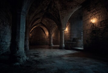 Fototapeta premium Dark Dungeon Interior With Stone Columns and Arches
