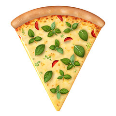 A delicious slice of classic Italian Margherita pizza topped with fresh basil and tomato, isolated on a white background illustration