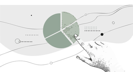 A hand interacts with a pie chart in a minimalist illustration representing data analysis and business intelligence.