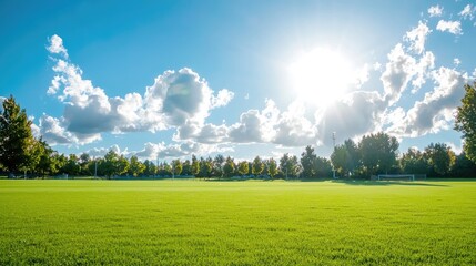 Lush Green Sports Field Under Bright Blue Sky with Fluffy Clouds and Sun Rays Shining in Park Setting