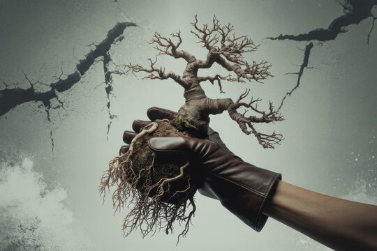 Gloved hand holding a delicate bonsai tree with exposed roots against a textured wall.
