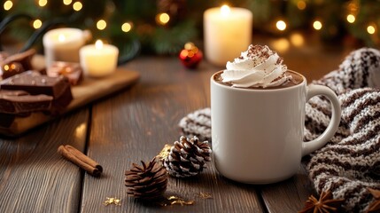 Cozy Winter Scene with Hot Chocolate and Candles Surrounded by Pine Cones and Chocolates on Wooden Table