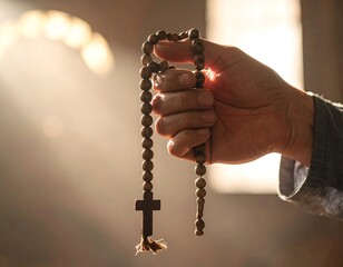 Hand holding rosary beads in sunlight