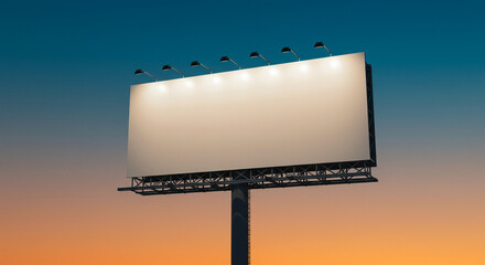 A large blank billboard stands tall against a gradient sky, ready for advertisement.