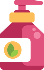 Pink dispenser bottle containing liquid soap with green leaf logo promoting natural ingredients for body care