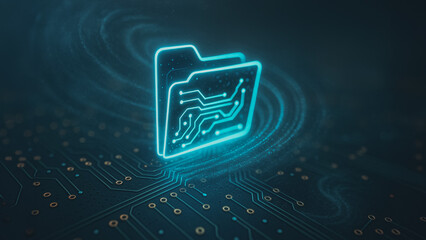 Digital storage security. A digital folder icon representing data, information, and cyber security, glowing with electric energy.