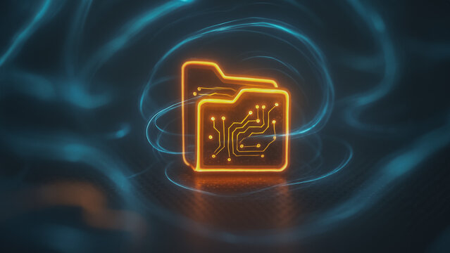 A digital circuit folder lights with futuristic design, showcasing data storage concept, symbolizing a collection of information with dynamic data streams. 