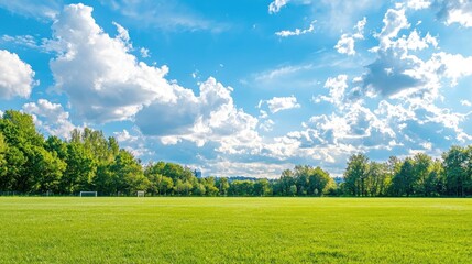 Lush Green Field Under Blue Sky with Fluffy White Clouds Ideal for Outdoor Activities and Sports Events in Natural Environment