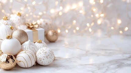 Elegant Christmas Decorations with Shining Ornaments and Soft Lights on a Marble Surface