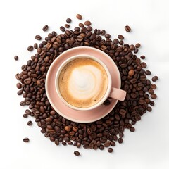 Latte Art: A Cup of Coffee Surrounded by Roasted Beans