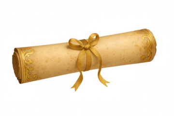Rolled vintage parchment scroll symbolizing education and success, secured with a golden ribbon bow, transparent background