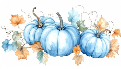 Three Pastel Blue Pumpkins with Autumn Leaves