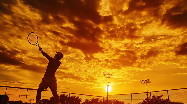A silhouette of a tennis player hitting an overhead smash during a sunset match, the sky painted in warm hues, court lines stretched long, a dramatic and intense atmosphere.