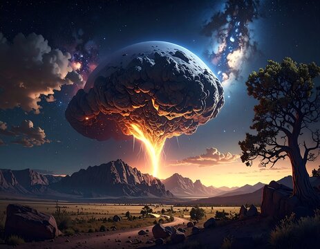 Cosmic brain erupts over a landscape