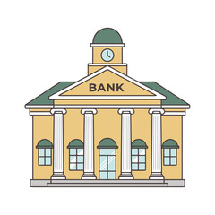 Flat illustration of a bank building in natural colors isolated on white background