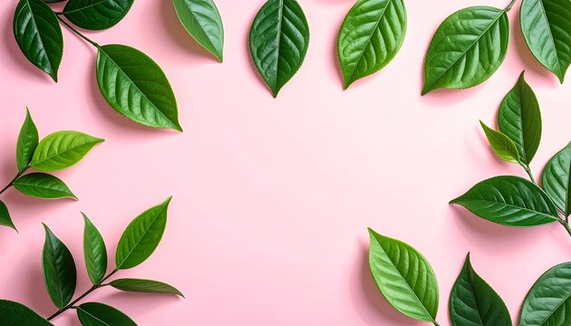 Lush green leaves frame a pink background