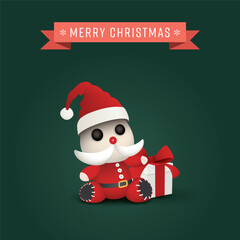 Merry Christmas calligraphy with 3D Santa Claus doll and gift box on green square background graphic illustration.
