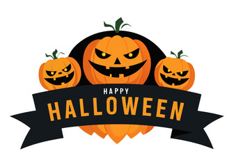 Illustration of happy halloween banner with three carved pumpkins and a black ribbon with text