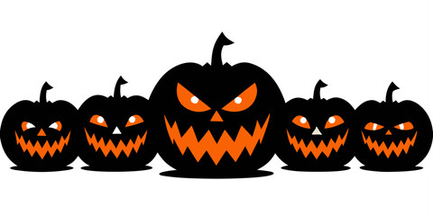 Illustration of a group of five black jackolanterns with carved menacing faces and glowing orange eyes, arranged in a row with a larger pumpkin in the center, isolated on a