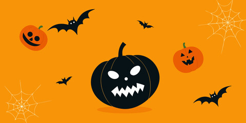 Illustration of spooky halloween illustration featuring carved pumpkins with scary faces, flying bats, and spiderwebs on an orange background, perfect for holiday decorations and designs