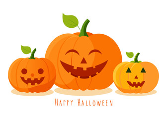 Illustration of three smiling jackolantern pumpkins with happy faces and green leaves, , perfect for halloween greetings and seasonal decorations