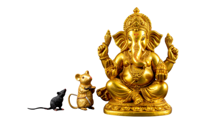 Golden Hindu Deity Ganesha with Mouse, Spiritual Festival Decoration, Transparent PNG