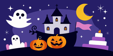 Illustration of spooky halloween night scene with a haunted castle, jackolanterns, ghosts, a crescent moon, and stars, creating a festive and eerie atmosphere for holiday celebrations