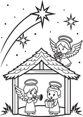 Fototapeta premium line art angels singing over the stable at night .eps