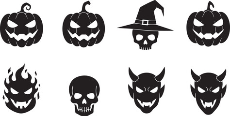 Obraz premium Jack O’Lantern, Skull, and Devil Masks – Horror Vector Emblems Collection
