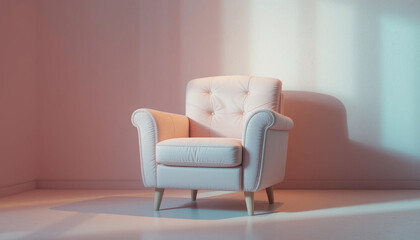Fototapeta premium Cozy pink armchair sits in softly lit room, casting gentle shadows on wall. tufted design and wooden legs add touch of elegance to serene atmosphere