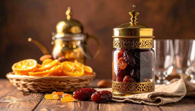 Dried Dates, Oranges, and Raisins in Decorative Jar on Wooden Table