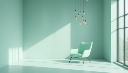Minimalist room with mint green armchair and hanging light bulbs, bathed in natural sunlight from large windows, creates serene atmosphere