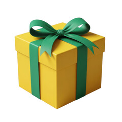 Obraz premium Yellow gift box with green ribbon isolated on transparent background