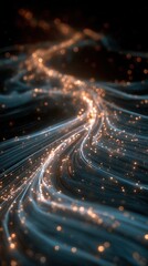 Digital glowing wave of orange and blue particles flowing on dark background. Great for technology themes, websites, presentations, and creative projects needing futuristic abstract backdrops.