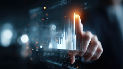 Business hand points at glowing data chart on futuristic dark interface. Great for dashboards, fintech presentations, websites, and ads about business growth, analytics, success, and innovation.