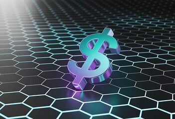 Glowing teal and purple dollar sign symbol on a futuristic hexagonal grid background
