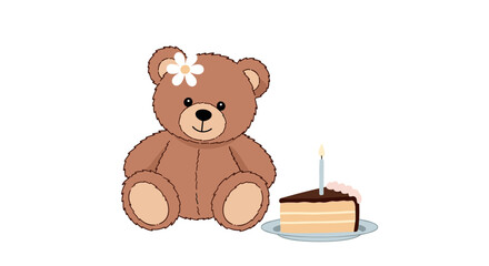 A sweet teddy bear celebrates a special day with a slice of delicious chocolate cake and a single lit candle.