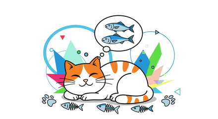 Fototapeta premium A cute cat dreams of catching fish and eating them.