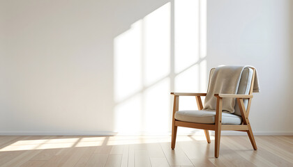 Obraz premium Minimalist empty room with a wooden armchair and sunlight shadows.